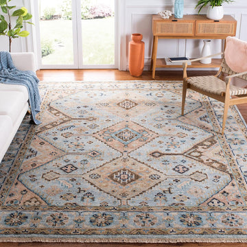 Samarkand Light Blue/Beige Hand-Knotted Traditional Oriental Premium Wool Dining Area Rug