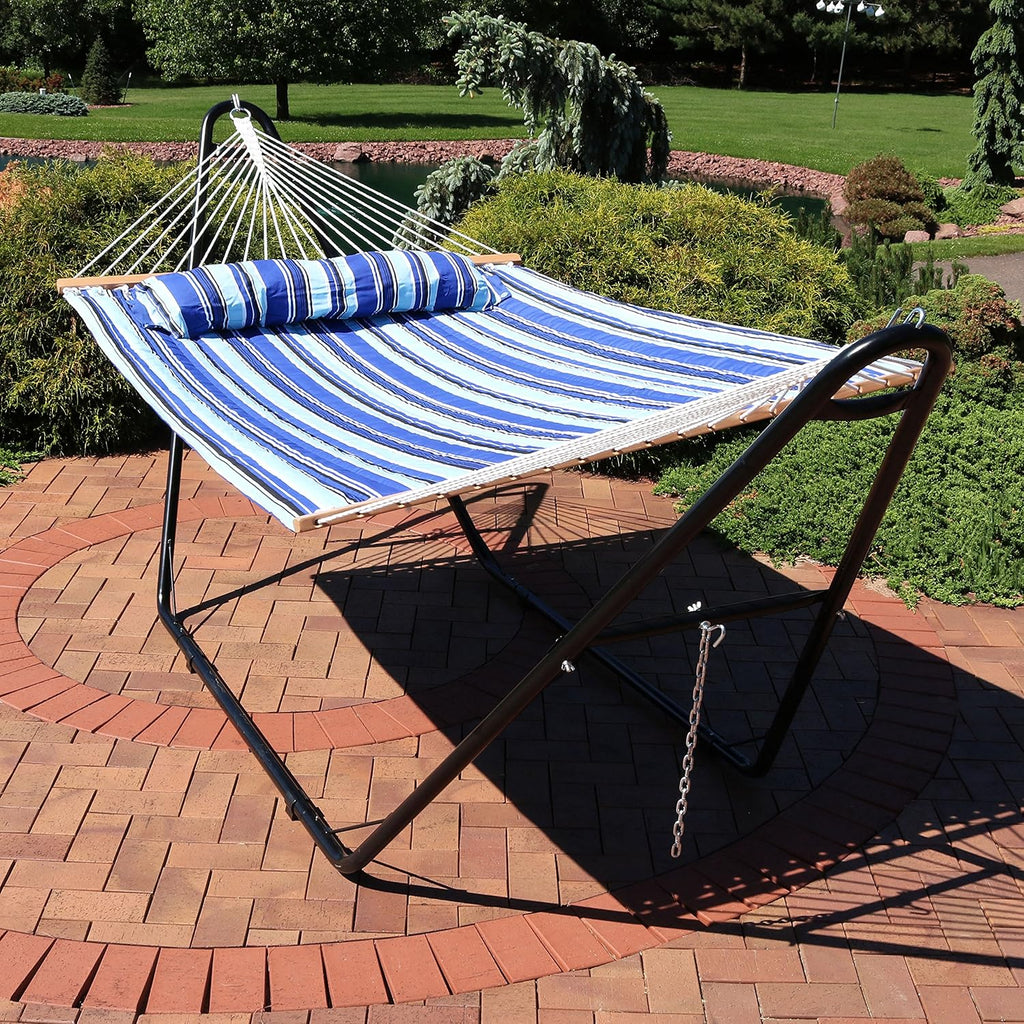 Quilted Double Hammock with Stand for Outside, 440 lb Capacity | Catalina Beach, UV-Resistant, Universal Black Steel
