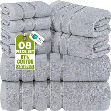 8 Piece Luxury Towel Set, 600 GSM, Viscose Stripe, Cool Grey | 600 GSM Ring Spun Cotton Towels with Viscose Stripe