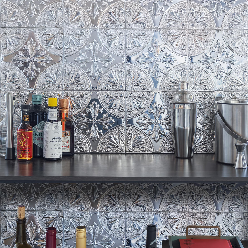 Peel and Stick Metal Backsplash Tiles, Silver Fleur, 10-Pack
