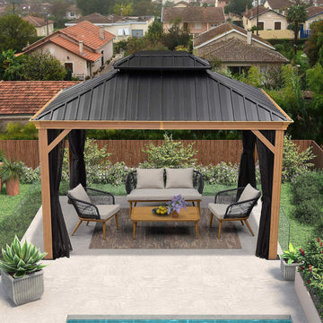 10' X 12' Outdoor Hardtop Gazebo Galvanized Steel Double Roof Permanent Canopy Teak Finish Coated Aluminum Frame