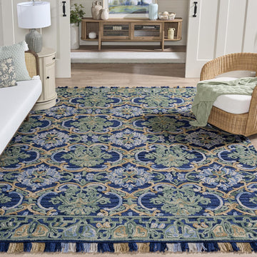 Blossom Area Rug - 10' x 14', Navy & Green, Handmade Boho Fringe Wool