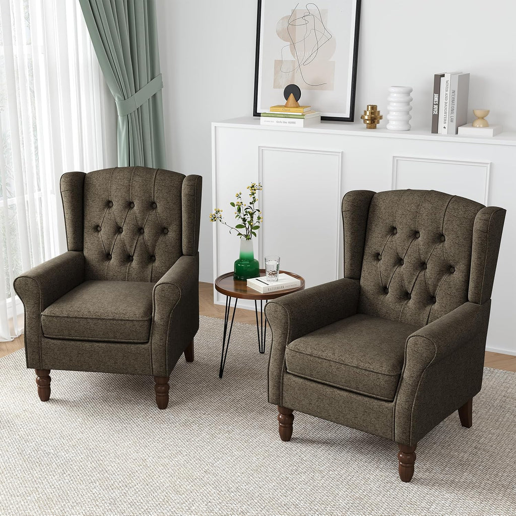 High Back Accent Chair, Tufted Wingback Chair , Taupe | Button-Tufted Upholstered Armchair with Solid Wood Legs