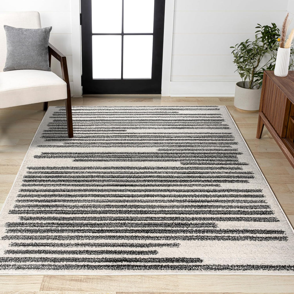 Khalil Modern Berber Stripe Cream/Black Indoor Area Rug, 8x10, Contemporary, Bohemian, Easy-Cleaning, Pet Friendly