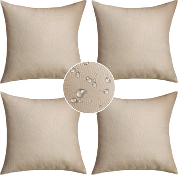 Outdoor Throw Pillows 18x18 Waterproof Square Pillow Covers Decorative Pillowcase, Set of 4, 18 x 18 Inch, Beige