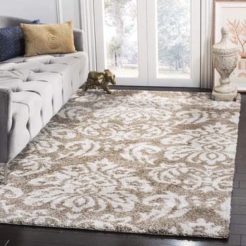 Florida Shag Collection Area Rug - 4' Square, Beige & Cream, Damask Design, Non-Shedding & Easy Care, 1.2-inch Thick