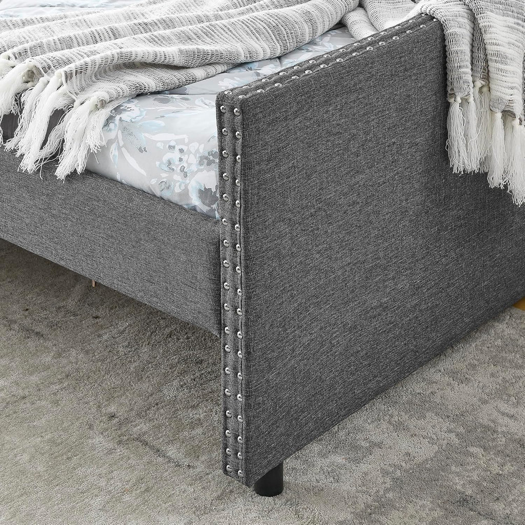 Queen Size Upholstery Daybed with 2 Drawers and Headboard, Mid-Century Style Tufted Sofa Bed with Button on Back