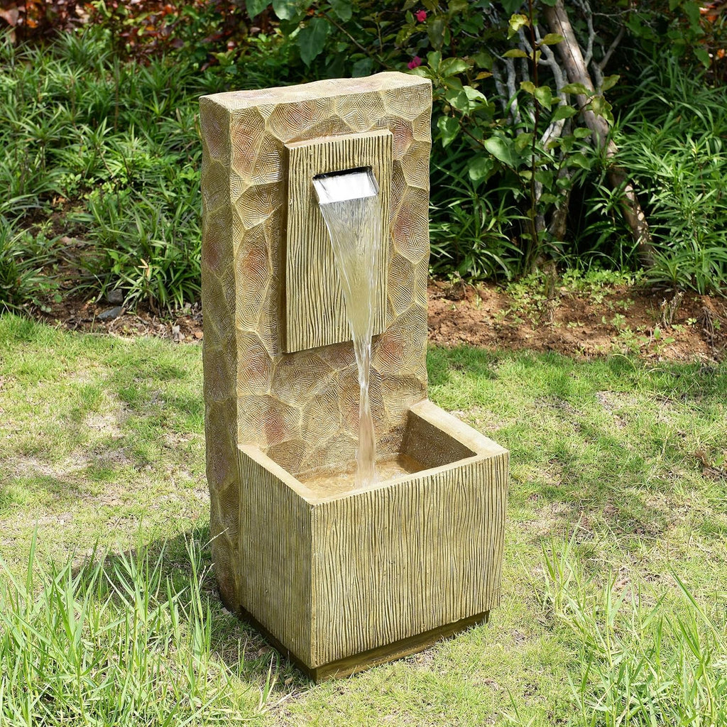 Spa Waterfall Outdoor Water Fountain - LED Light with Adjustable Flow & Electric Pump, Brown