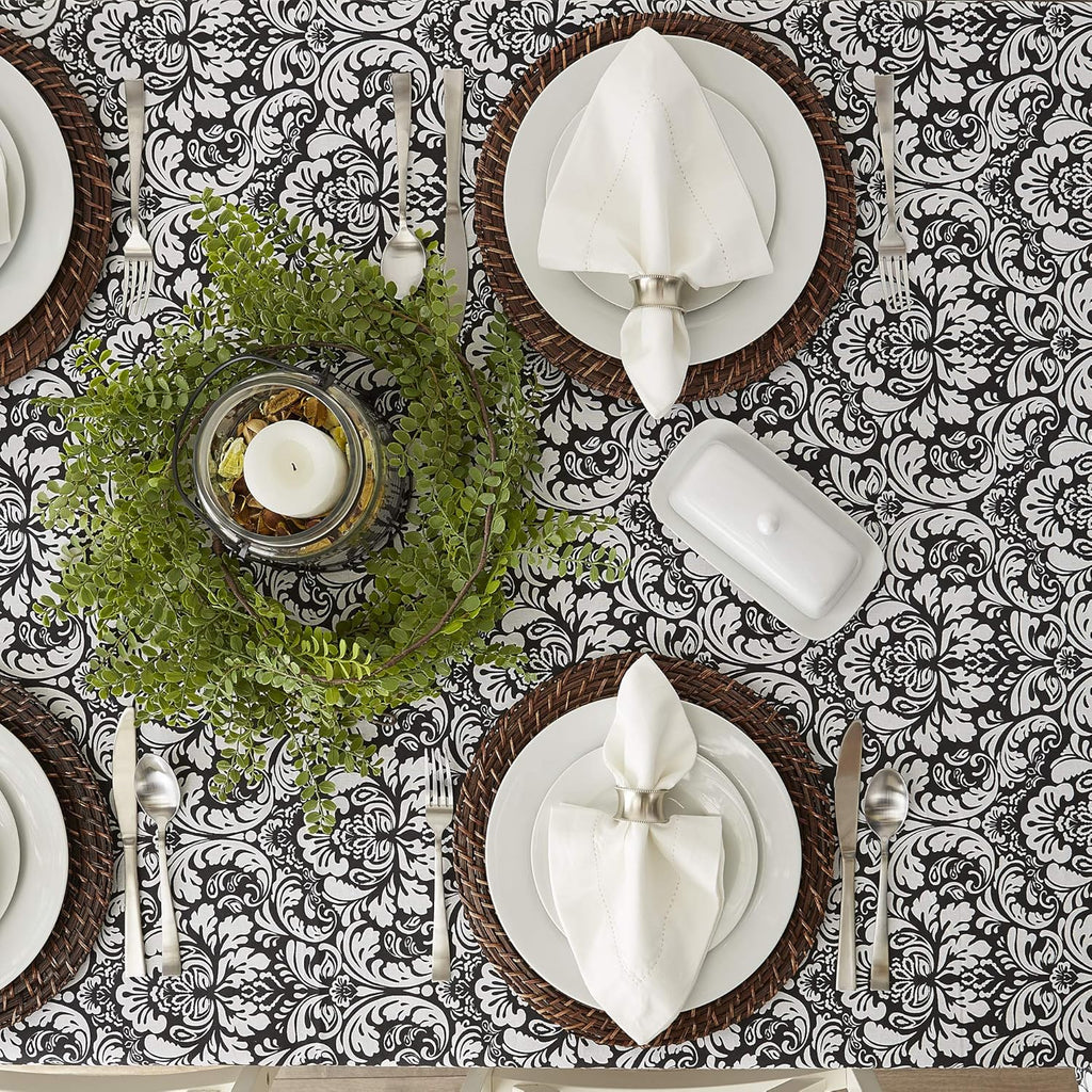 Damask Cotton Tablecloth, 70" Round, Black