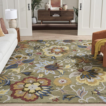 Blossom Area Rug - 10' x 14', Green & Red, Handmade Wool, Floral Design