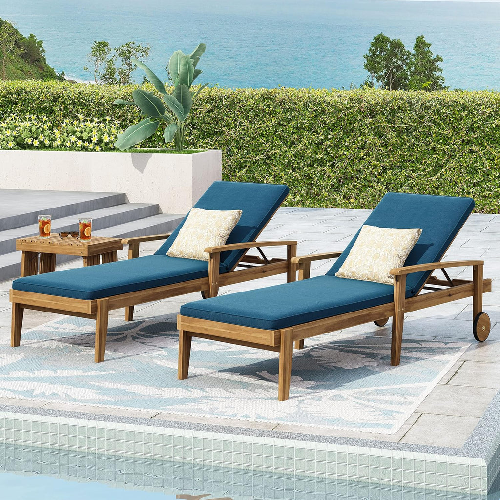 Outdoor Chaise Lounge with Water Resistant Cushion - Acacia Wood - Teak/Blue (Set of 2)