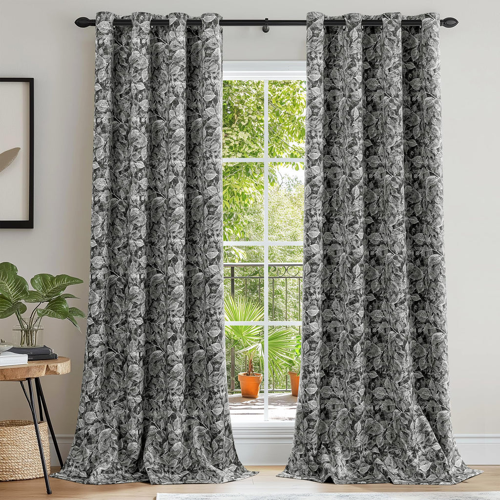 100% Black Blackout Floral Curtains 96 Inches Long 2 Panels