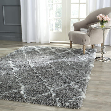 Moroccan Shag Collection Area Rug, Grey & Ivory, Trellis Design, Non-Shedding & Easy Care, 2-inch Thick