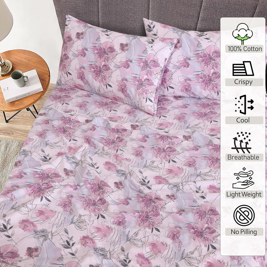 100% Cotton Split King Sheets, Percale Sheet Set, Lilac Floral