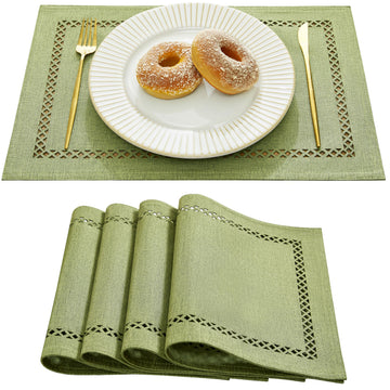 Farmhouse Burlap Hollow Placemats Set of 4, 12 x18 Inch Sage Green