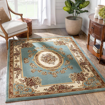 Timeless Collection Le Petit Palais Light Blue Luxurious Traditional French Medallion Oriental Area Rug Perfect