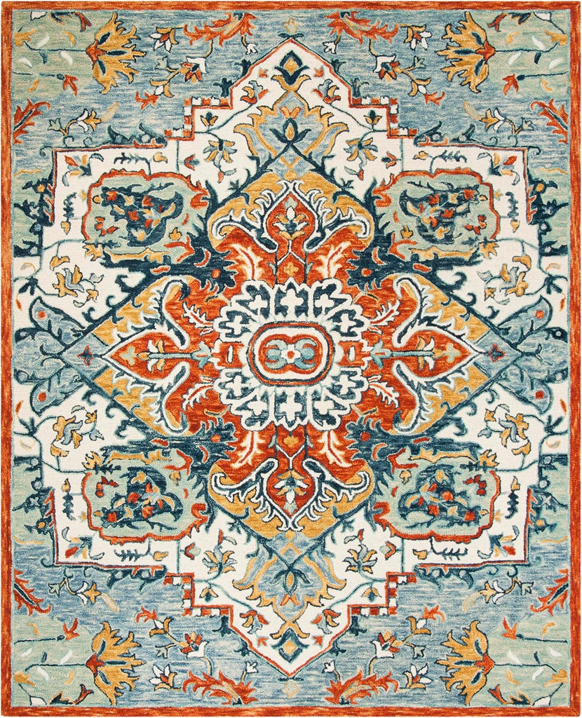Area Rug 8x10 - Aspen - Large - Blue & Rust, Handmade Wool, Boho Design