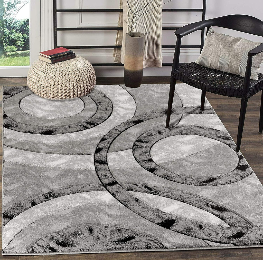 GLORY RUGS Area Rug Modern 5x7 Grey Black Circles Geometry Soft Hand Carved Contemporary Floor Carpet Fluffy Texture