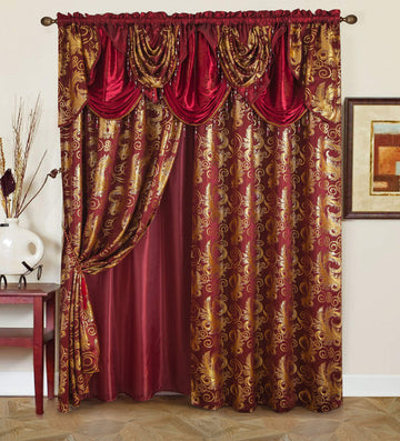 Jacquard Luxury Window 2 Panel Set Burgundy Gold Curtain with Attached Valance and Backing Bedroom Living Room Dining