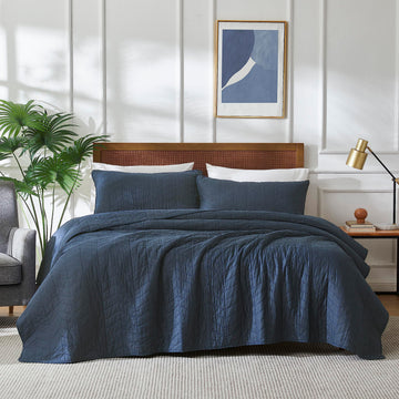 Navy Blue 100% Cotton Quilt California Bedding Sets with Pillow Shams, Oversized Lightweight Soft