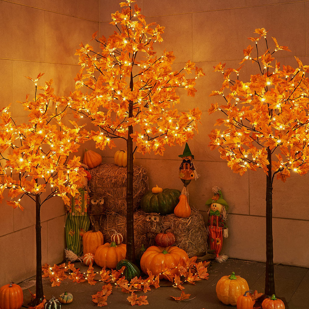 5FT 96LED Artificial Lighted Maple Tree Warm White Halloween Fall Decorations Indoor Ourdoor, Orange