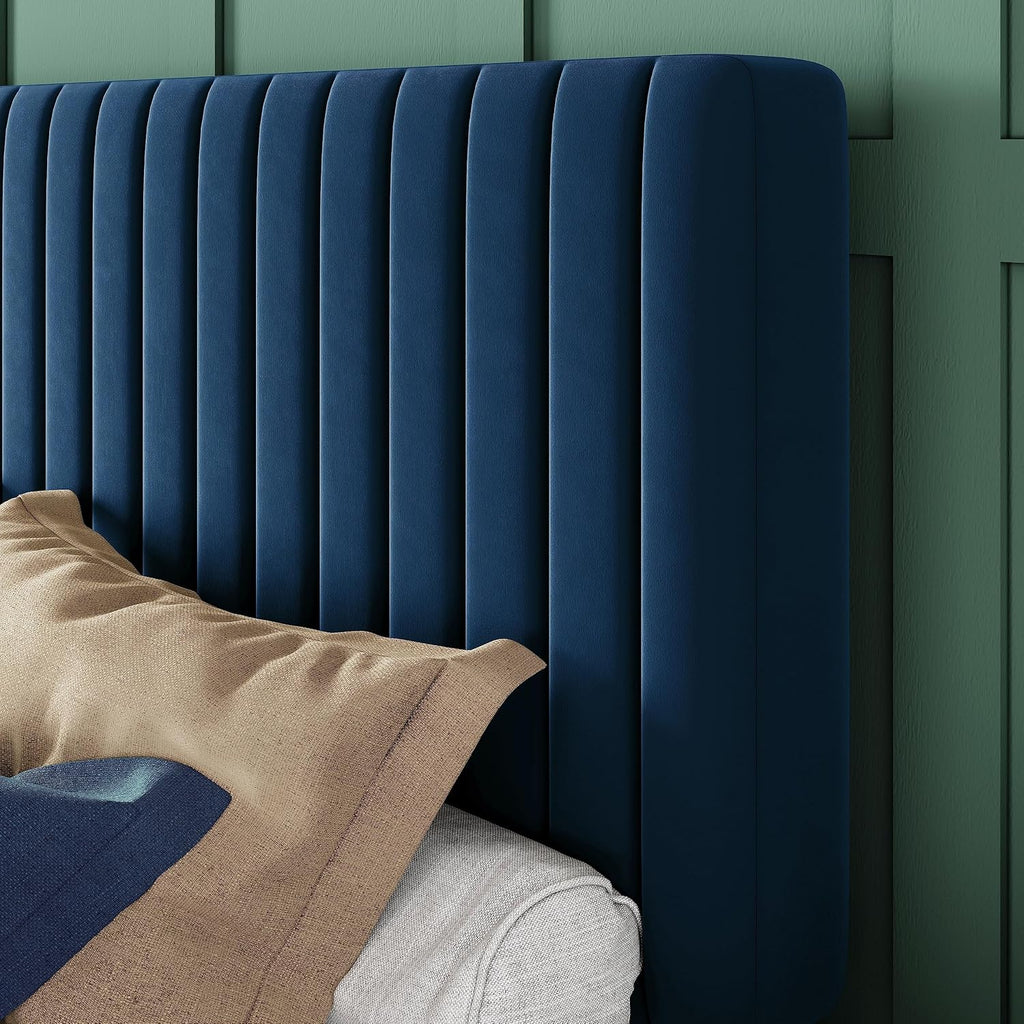 Queen Bed Frame, Velvet Upholstered Platform Bed with Adjustable Vertical Channel Tufted Headboard