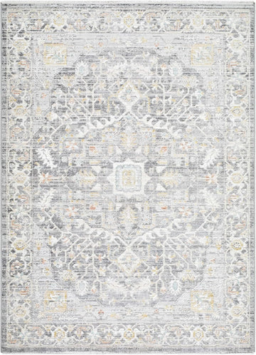 Flavia Machine Washable Area Rug - Medallion Floral Border Distressed Geometric - Traditional Oriental Transitional
