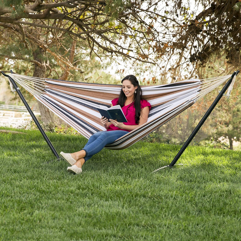 Double Hammock with Steel Stand, Indoor Outdoor Brazilian-Style Cotton Bed w/Carrying Bag, 2-Person Capacity - Desert