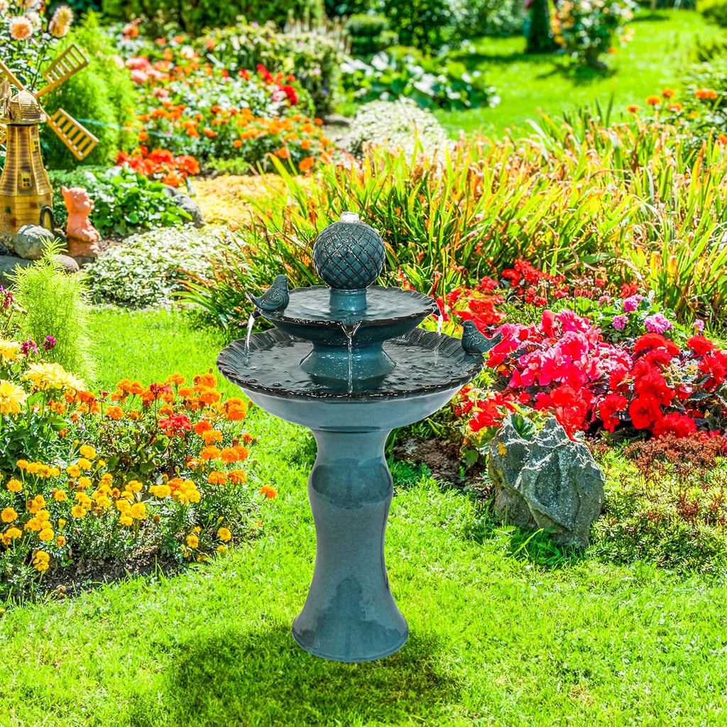 27" H 2-Tier Ceramic Water Fountain - Outdoor Water Feature - Garden Fountain - Blue