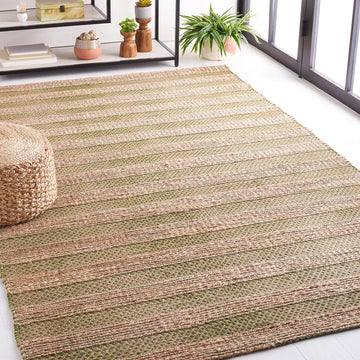 Natural Fiber Area Rug - 9' x 12', Green & Natural, Handmade Boho Farmhouse Rustic Jute & Cotton Jute