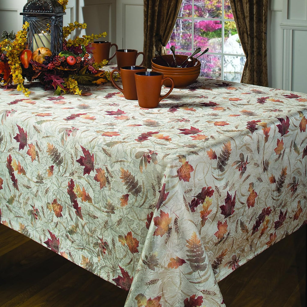 Autumn Jacquard Printed Fabric Tablecloth for Fall, Harvest, and Thanksgiving Table Cloth (Natures Leaves, 60" x 104"