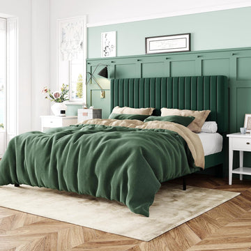 Queen Bed Frame, Velvet Upholstered Platform Bed with Adjustable Vertical Channel Tufted Headboard