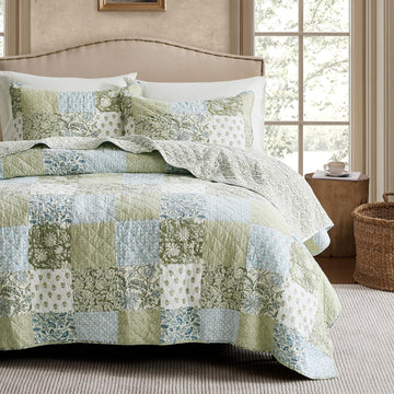 100% Cotton Reversible Patchwork Quilt Queen, Lightweight Farmhouse Vintage Shabby Chic Bedding Set with 2 Pillow