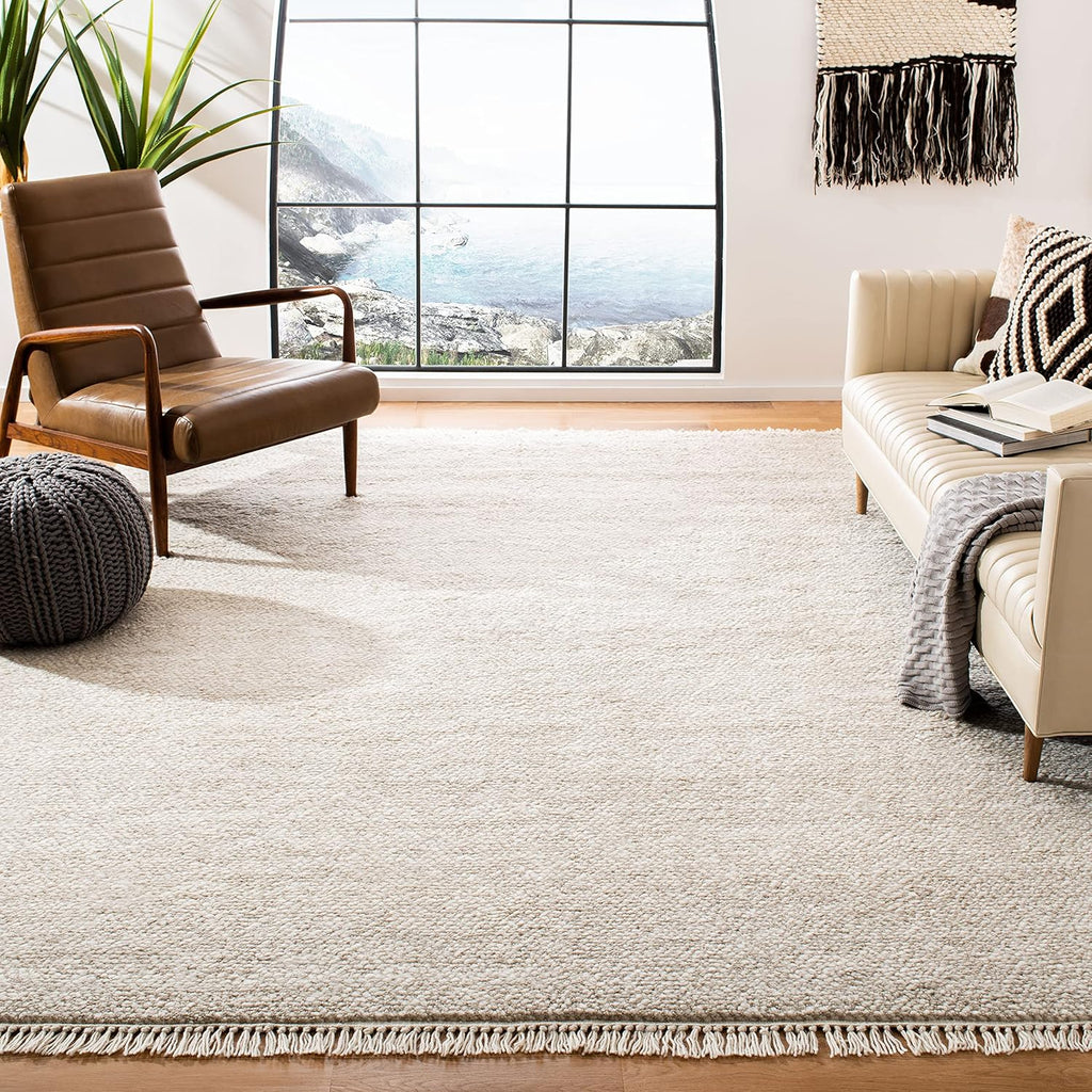 Casablanca Area Rug - 9' x 12', Beige, Hand-Knotted Wool Tassel Fringe, 0.8-inch Thick