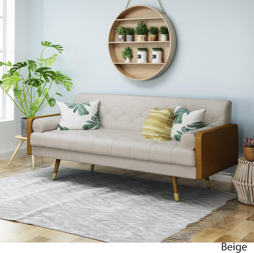 Aidan Mid Century Modern Tufted Fabric Sofa, Beige