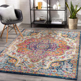 Area Rugs - 8ft Round Romaine Vintage Boho Fuchsia Mustard Blue Round Area Rug