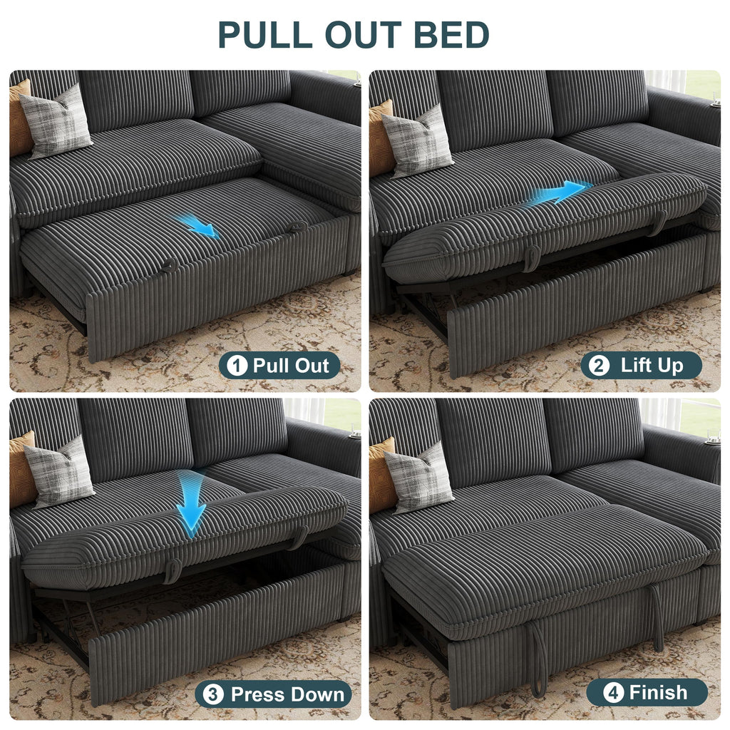 Sectional Sleeper Sofa with Pull Out Bed, Plush Corduroy Sectional Sofa with Storage Chaise and Adjustable Backrest