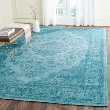 Classic Vintage Area Rug, Aqua, Oriental Medallion Cotton Design, Easy Care
