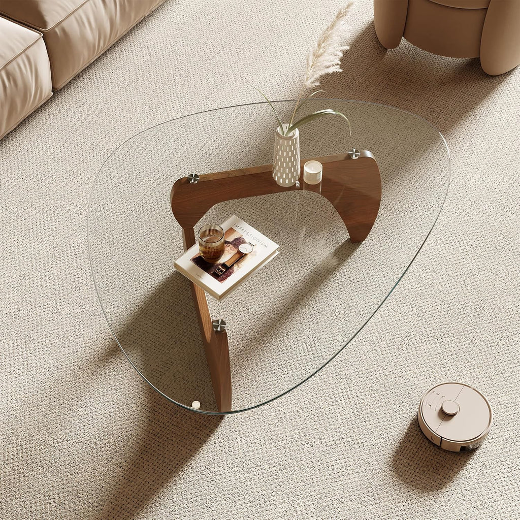 Morden Coffee Table, 42.5" x 28.5" x 16.1" Triangle Tempered Glass Top, Color: Natural Wood