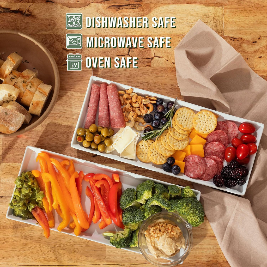 White Ceramic Serving Platters (14 x 6 Inch Rectangle Plates) Serving Dishes for Entertaining, Food, Appetizers