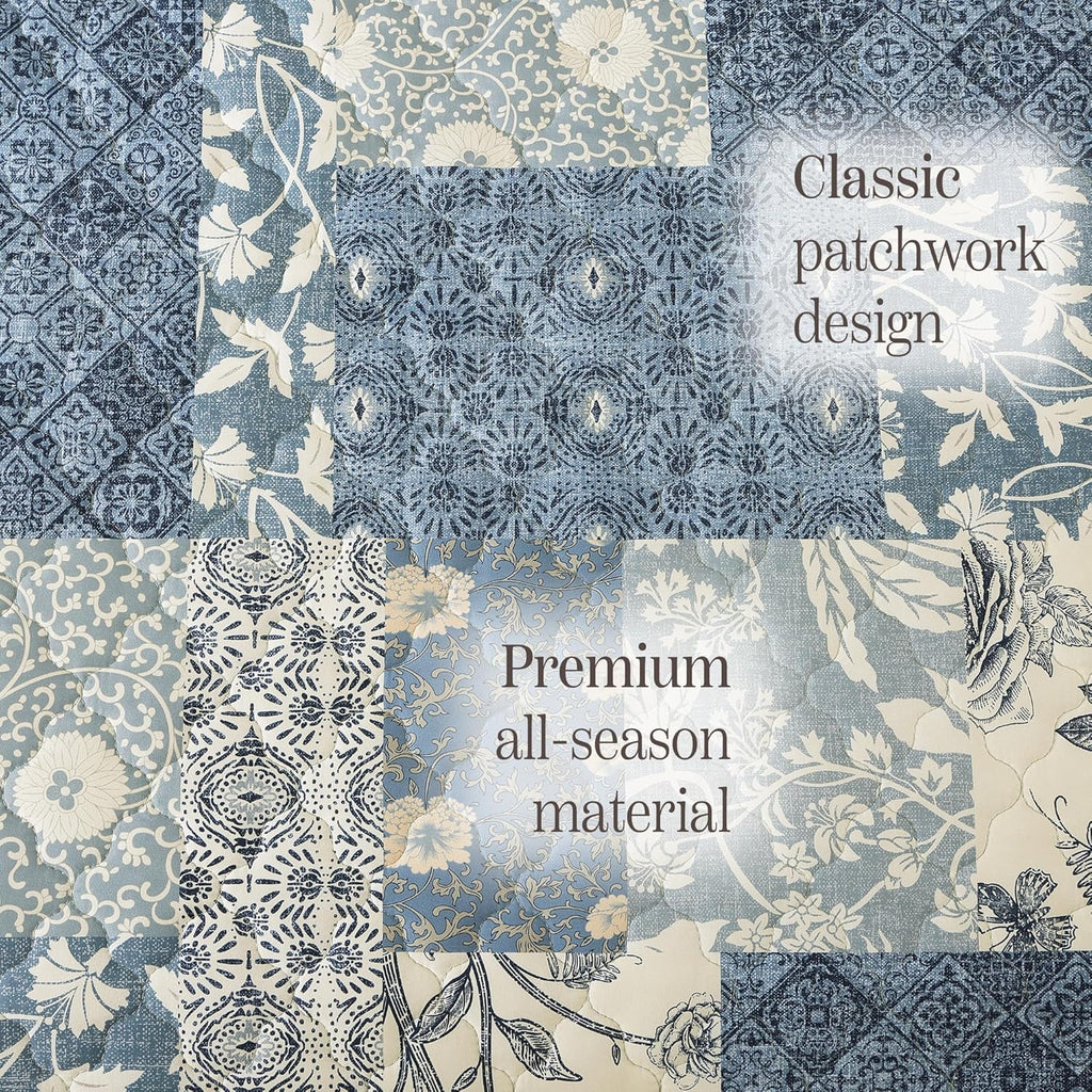 Quilt Set Queen, Patchwork Blue Floral Quilt Sets, Reversible Bedspread Lightweight and Breathable for All Seasons