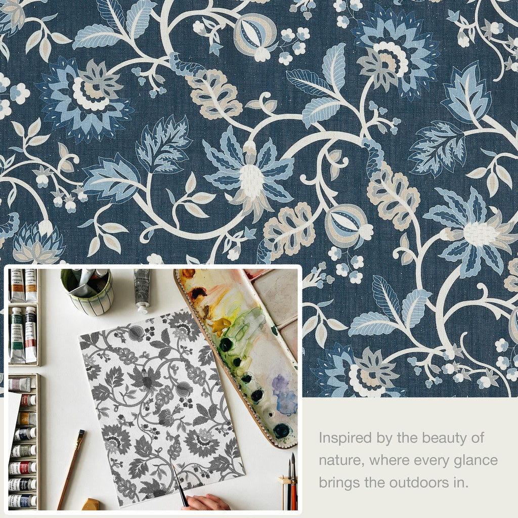 Navy Floral Pinch Pleat Light Filtering Curtains 95 inch Length