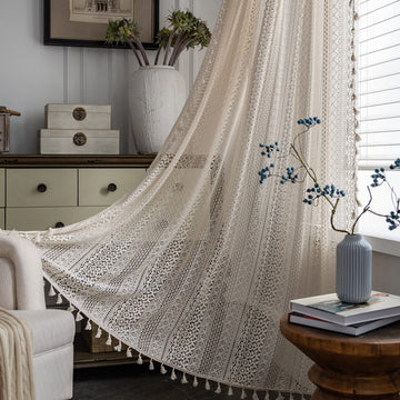 Boho Curtains 120 inches Long Living Room Patio, Crochet Lace Sheer Bohemian Extra Long with Vintage Chic