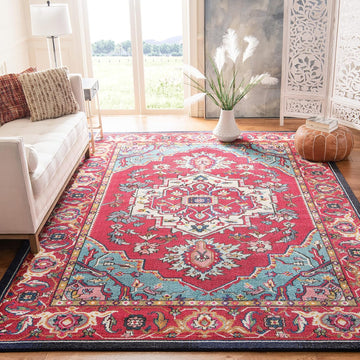Monaco Collection Area Rug, Red & Turquoise, Boho Oriental Medallion Design, Non-Shedding & Easy Care