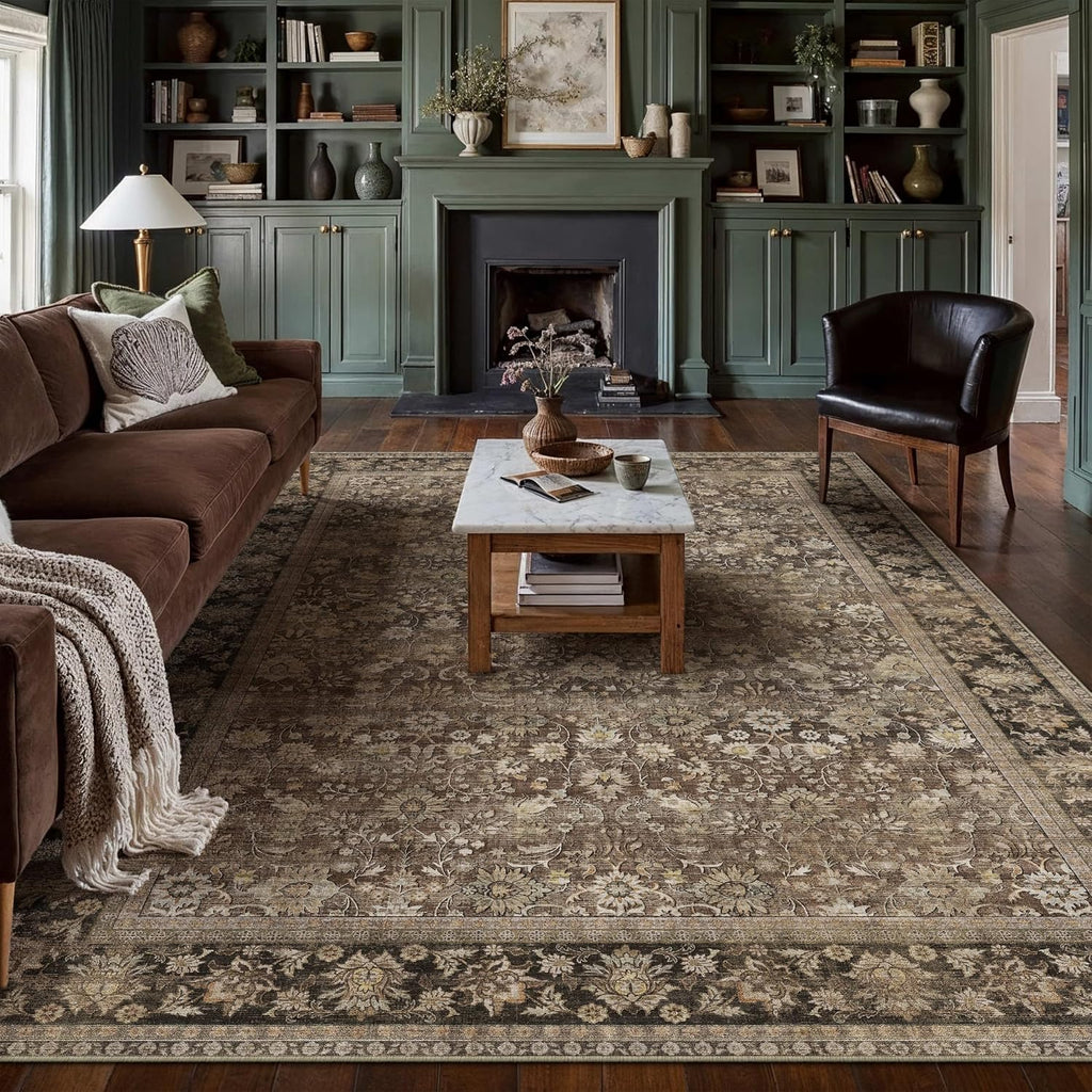 8x10 Brown Vintage Floral Washable Area Rug