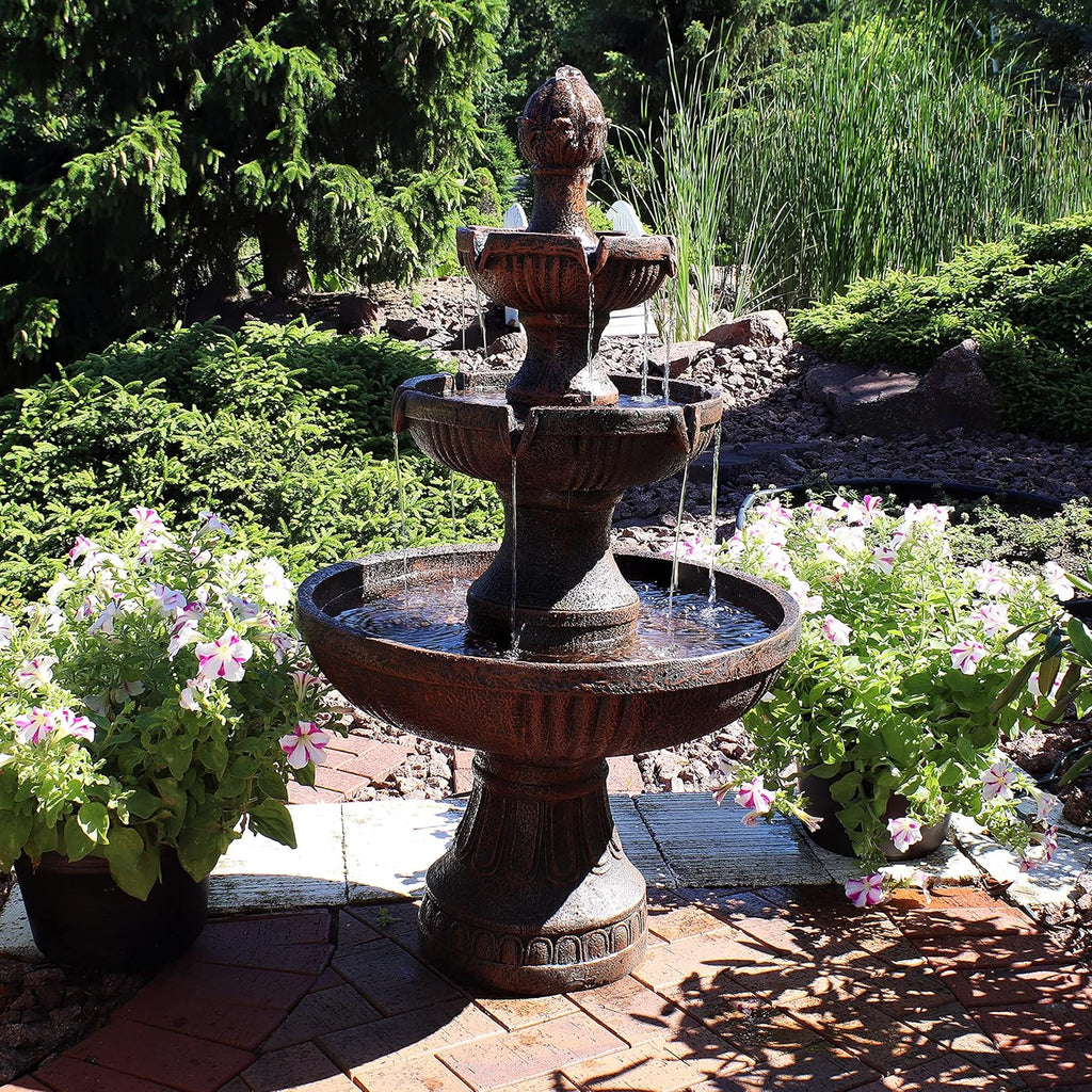 Flower Blossom 43" Tiered Outdoor Water Fountain - 3-Tiered Outdoor Fountain - Earth Finish
