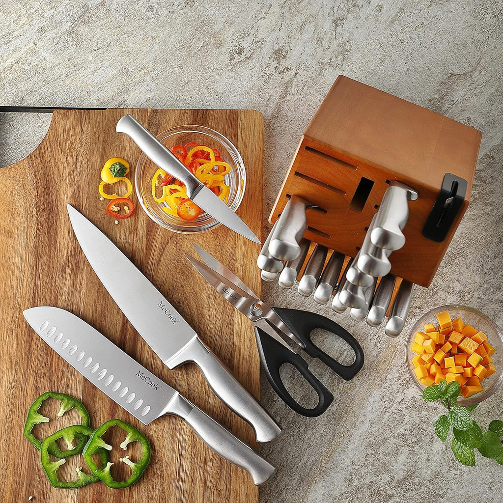 Knife Set Kitchen Steel Knife Block Set w Built-in Sharpener | German Forged Stainless Steel, 20 PC,Razor Sharp