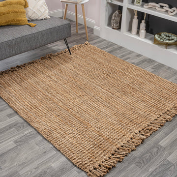 Handwoven Jute Fringe Natural Square Indoor Area Rug, Pata, Bohemian, Rustic, Cottage, Easy-Cleaning