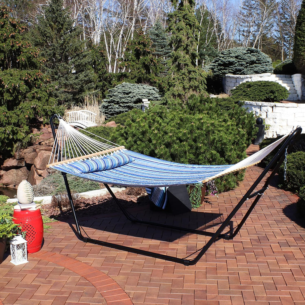 Quilted Double Hammock with Stand for Outside, 440 lb Capacity | Catalina Beach, UV-Resistant, Universal Black Steel