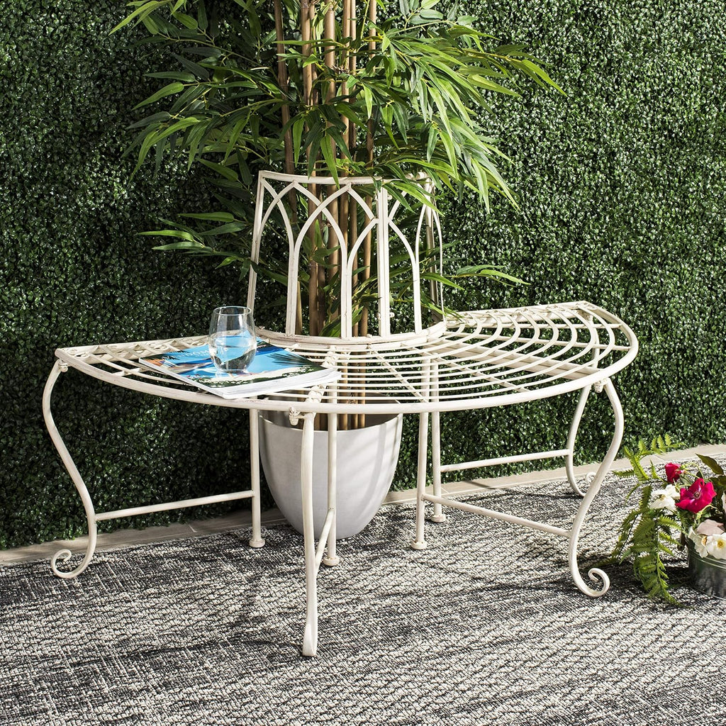 Outdoor - Abia Iron Tree Bench - Distressed White Iron Metal - Vintage Scrollwork Garden Design - Ideal , Deck